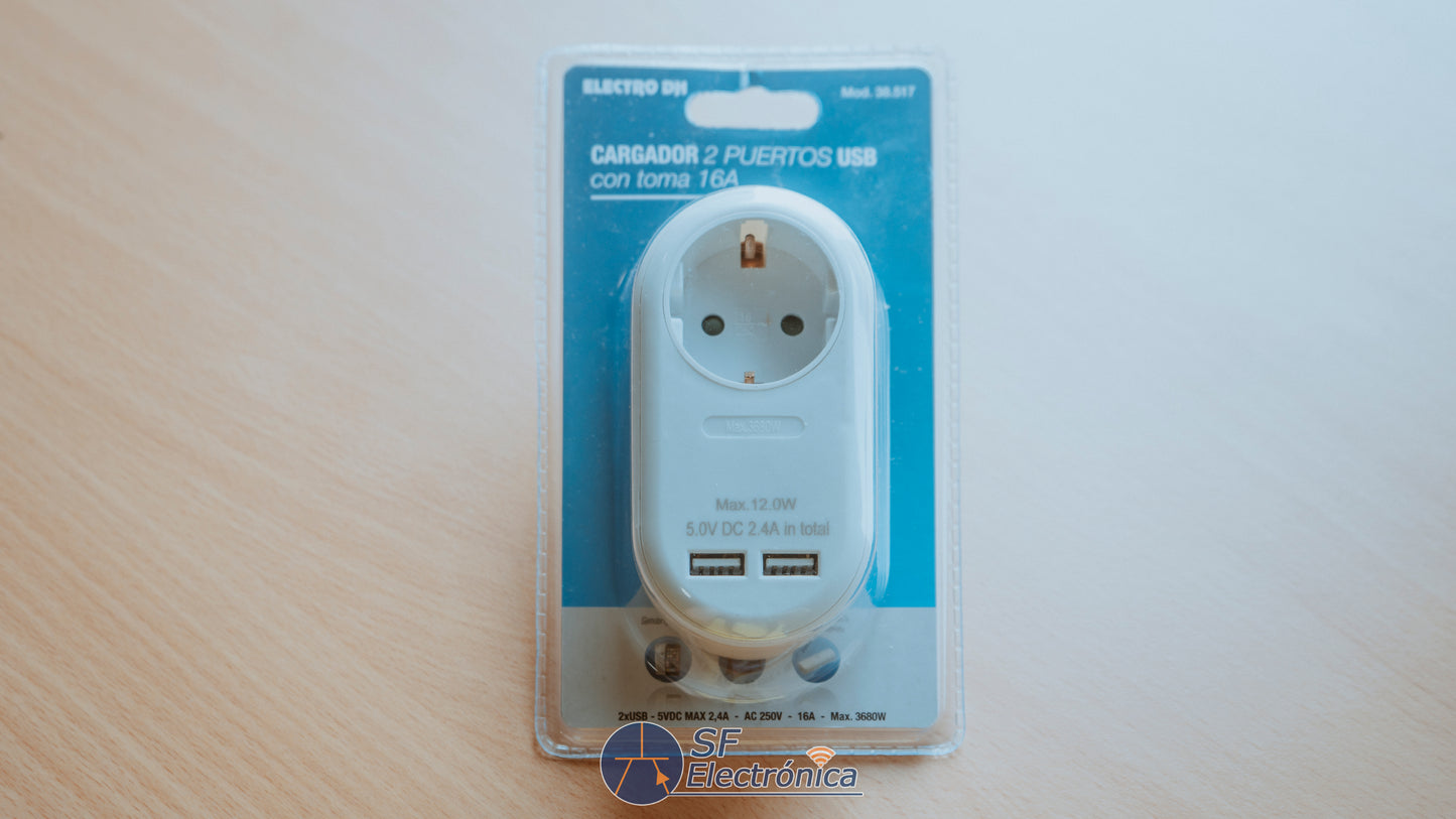 CARGADOR PARED 2USB CON TOMA 16A